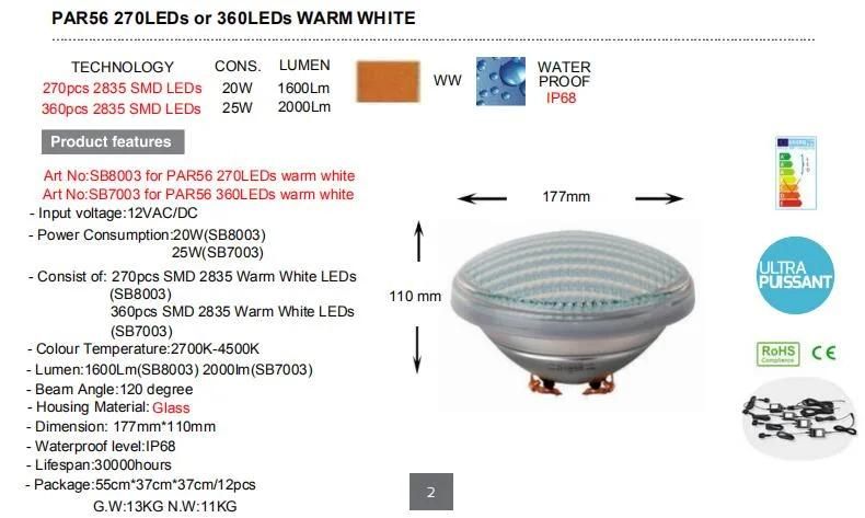 Swimming Pool Lamp Underwater LED Light Glass 12V 20W PAR56 270LEDs Warm White<Sb8003>