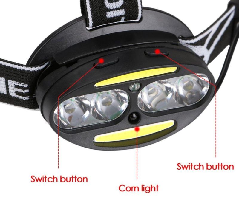 High Visibility Rechargeable T6 LED Head Torch Lamp with Sensor Switch 7 Flash Mode Head Torch Light Waterproof Headlight Adjustable 18650 COB LED Headlamp