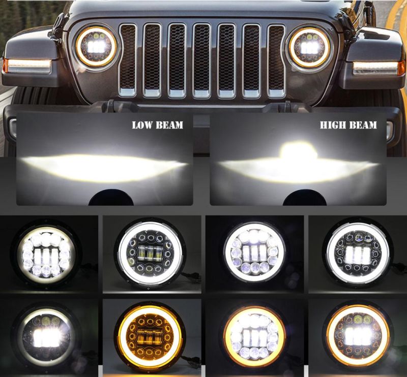 DOT Approved E9 Daymaker 50W 30W Amber Halo Motor 12V 24V Round DRL Angle Eye 7inch 75W Round LED Headlight for Jeep