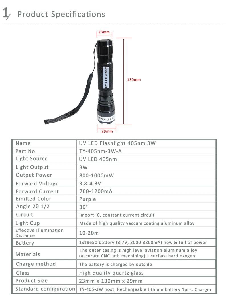 Purple UV LED Flashlight 3W