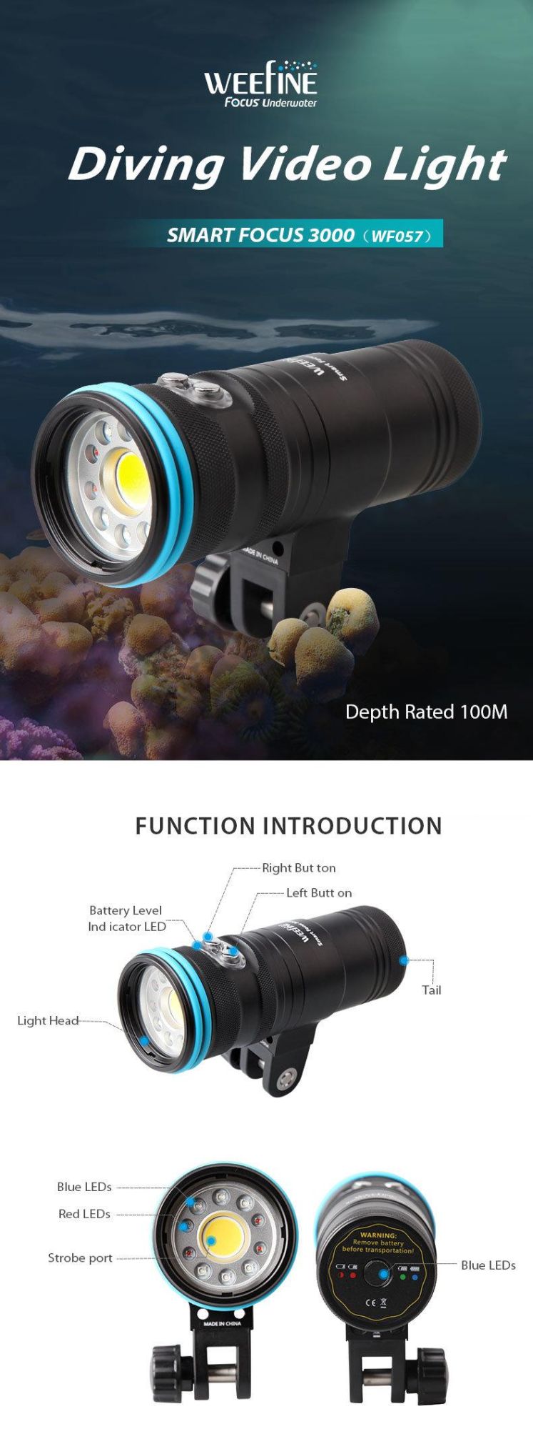 Wide Beam Angle Underwater 100 Meters Diving Photography Light with Safety Lock Function and Battery Power Indicator