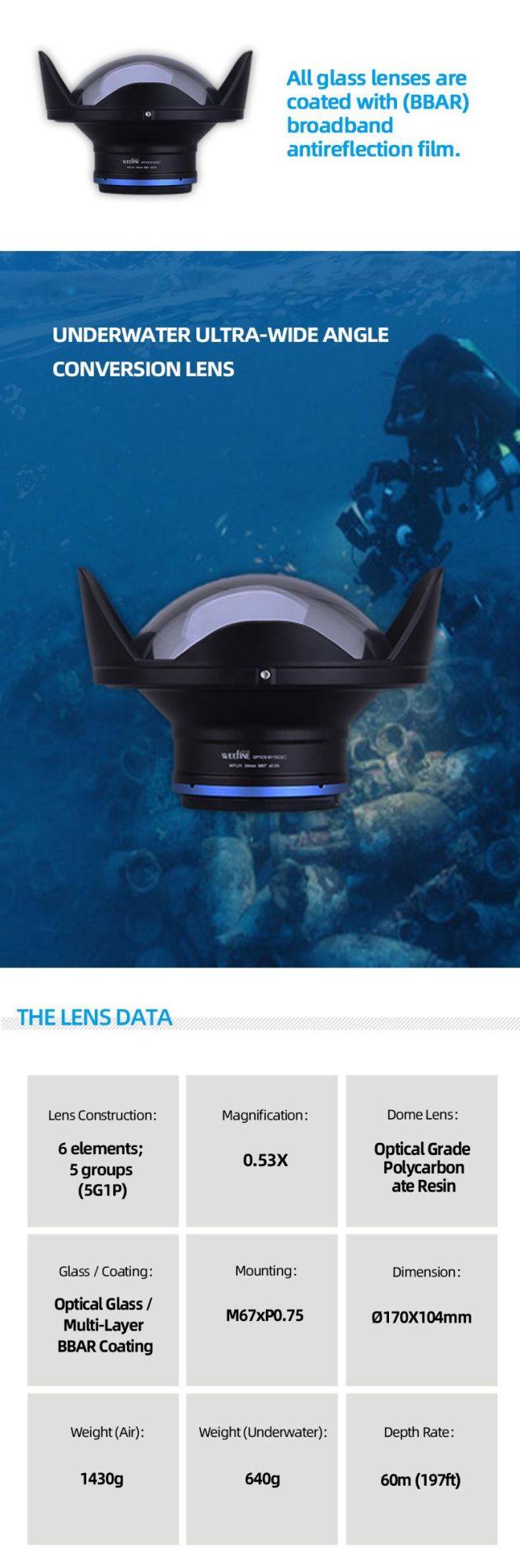 Underwater Glasses Optical Lens Without Noticeable Vignetting