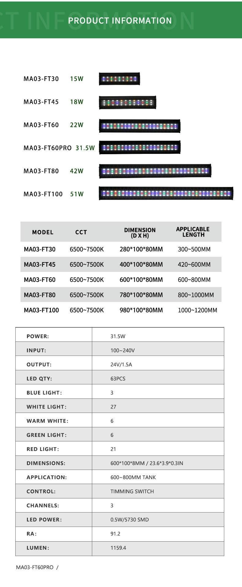 LED Lighting for Aquariums 31.5W with Remote Control (MA03-FT60 PRO)