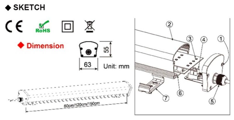 SMD2835/3V/150mA/0.5W IP65 120cm LED Tri Proof Light