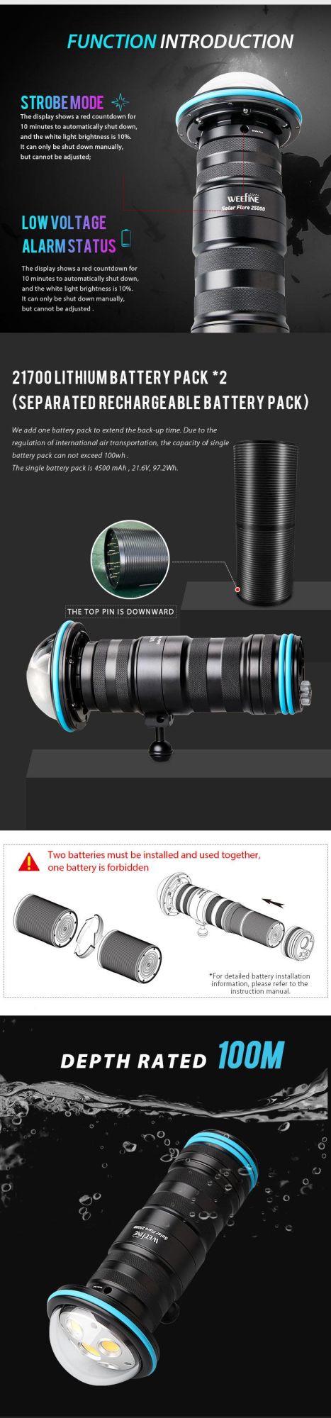 Outdoor Underwater Widest Angle Diving Flashlight of Weefine Brand for Deep Sea Photography Taking Photos