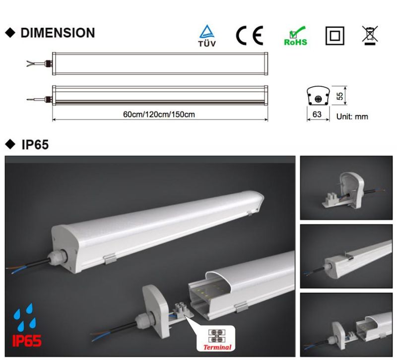 20W IP65 LED Linear Lighting Fixture Tri Proof LED Light