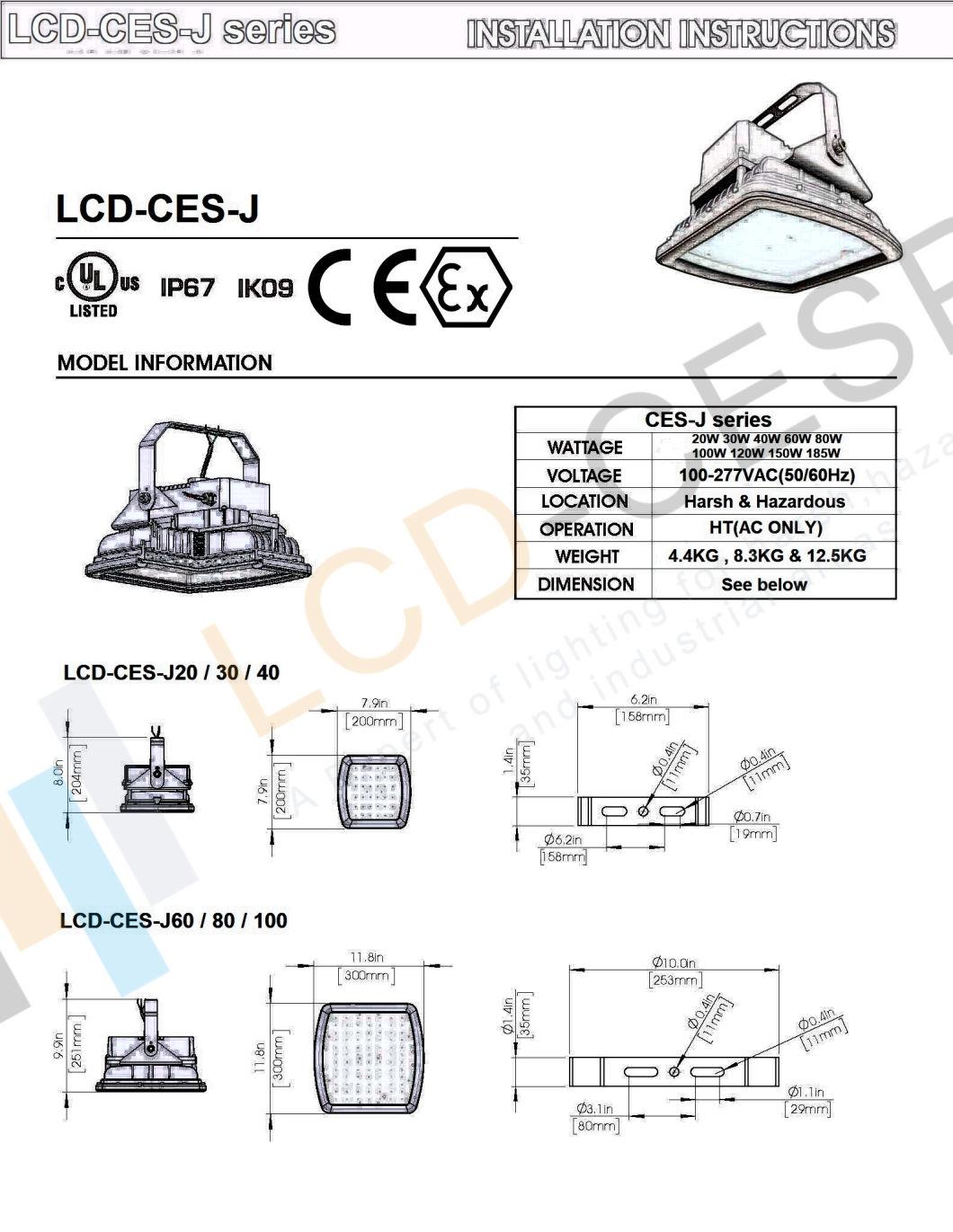 LED Light Explosion Proof Light 40W/50W 080W/100W/150W with Atex UL Certificates Class 1 Division 2 Explosion Proof Floodlight NPT3/4 Pipe Brackets Mounting