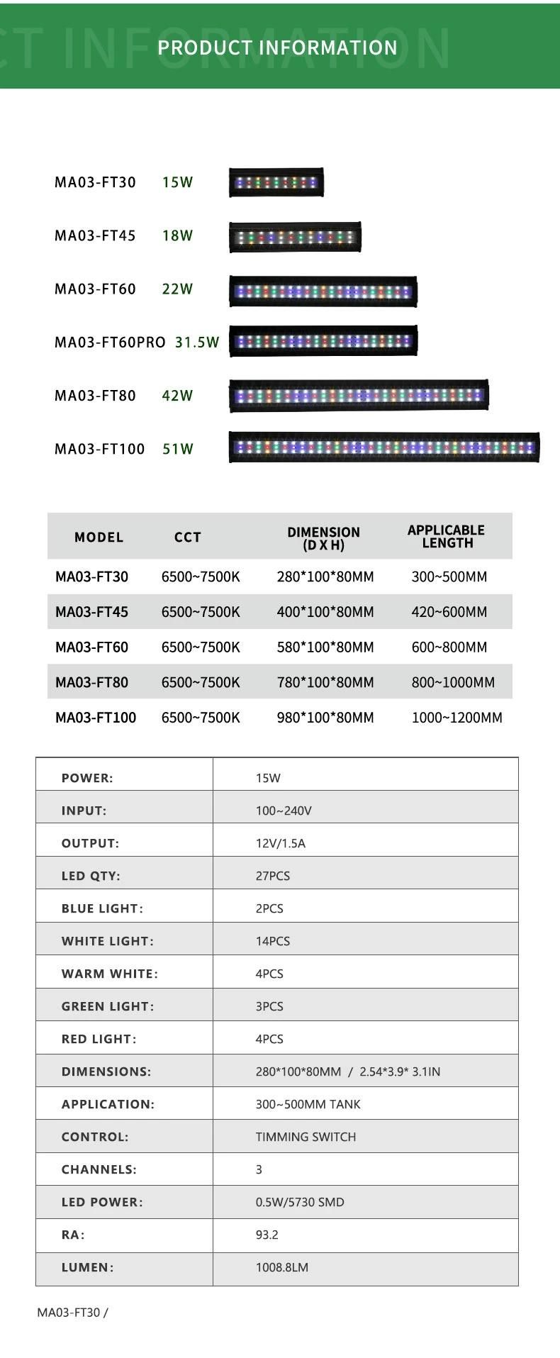 Weefine High CRI LED Aquarium Light for Freshwater Carol and Fish Tank with Telescopic Brackets (MA03-FT30 PRO)