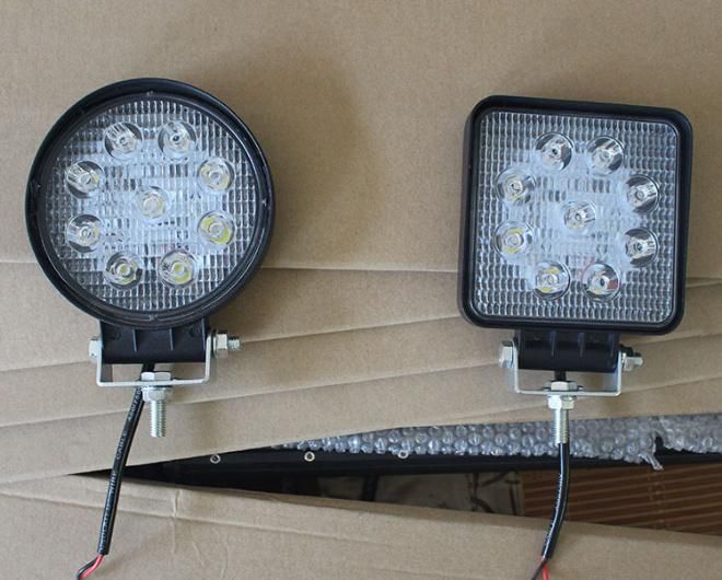 Good Quality Powerful Round or Square Headlights with Base for Excavator Lights, Forklifts, Auxiliary Lights 27W 4 Inch 9 LED Flood Light