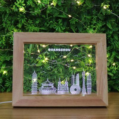Hot Style Oak Wooden LED Photo Frame USB Charge 3D Acrylic Desk Table Lamp for Home Decoration