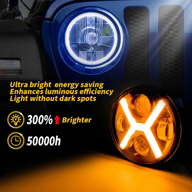 Dxz 12V 24V CREE LED Headlight with DRL Turn 5.75 Inch X-Shaped Round for Jk Wrangler Jeep Motorcycle High Low Beam