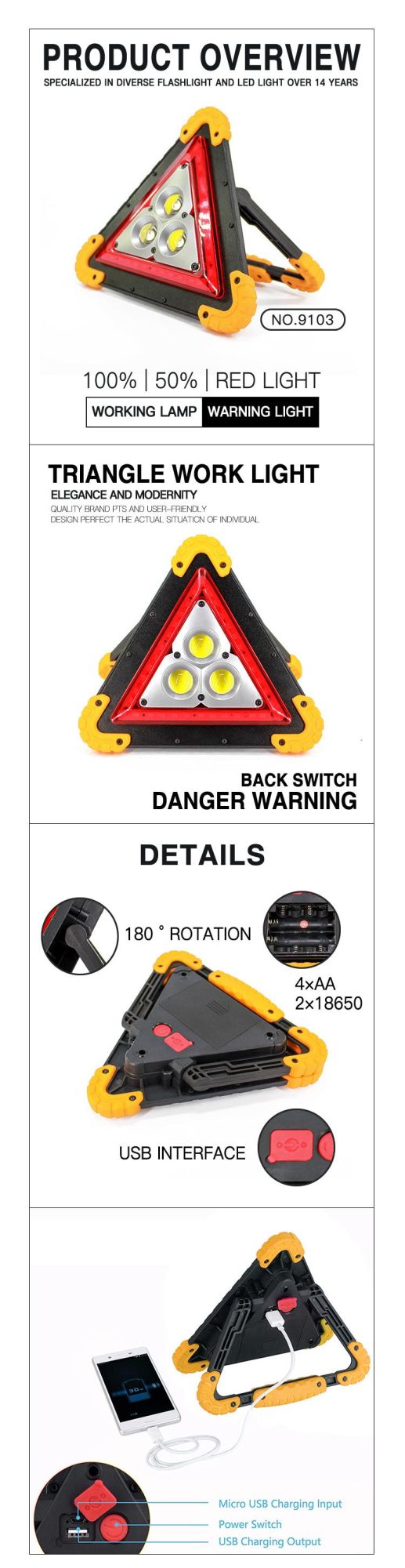 Good Quality Portable Multifunction Handheld Outdoor Rechargeable 3 COB 36SMD LED Working Lamp Car Emergency Triangle Signal Warning Light