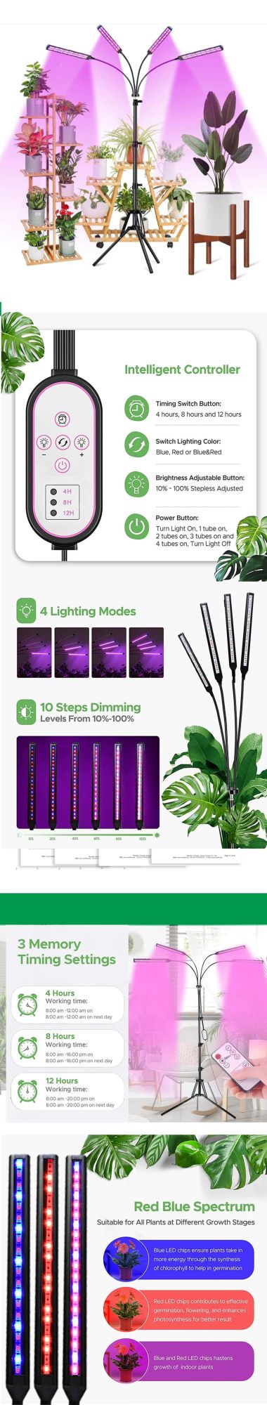 Desktop LED Plant Grow Light Three Tube Timing Dimmable Full Spectrum LED Grow Light for Home and Office Indoor Plants