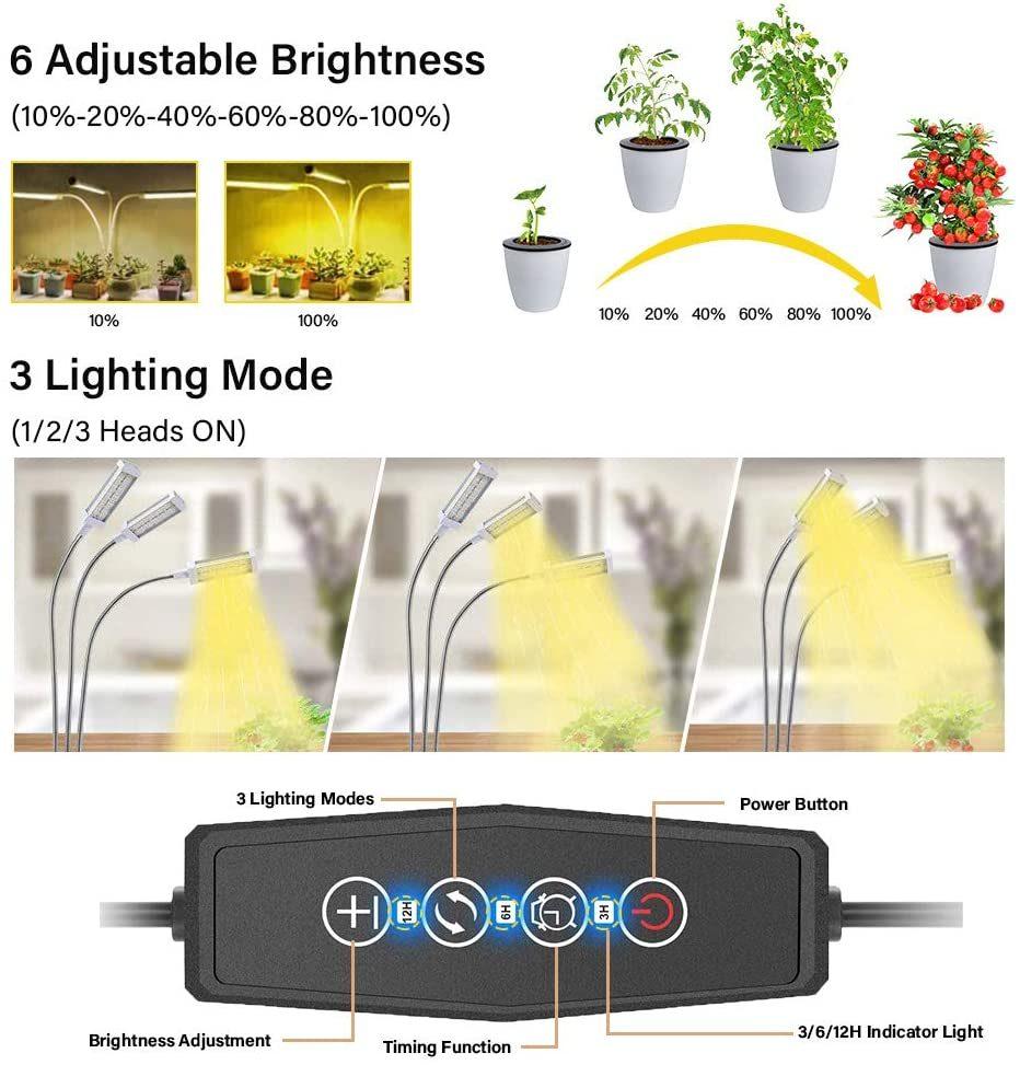 150W 3 Tube LED Grow Lights for Indoor Plants with Tripod Stand, Adjustable Gooseneck 15-55inch, 10 Dimmable Brightness, 4/8/12h Timer, 4 Switch Modes