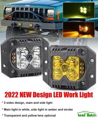 2022 New 3 Sides 4&prime;&prime; LED Work Light Luces LED Truck off Road Flush Mount Side Shooter Strobe White&Amber Car Work Lamp