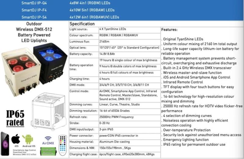 4pcsx8w/10W/12W 4in1/5in1/6in1 LED WiFi/Wireless Control Battery Powered Stage LED PAR Light