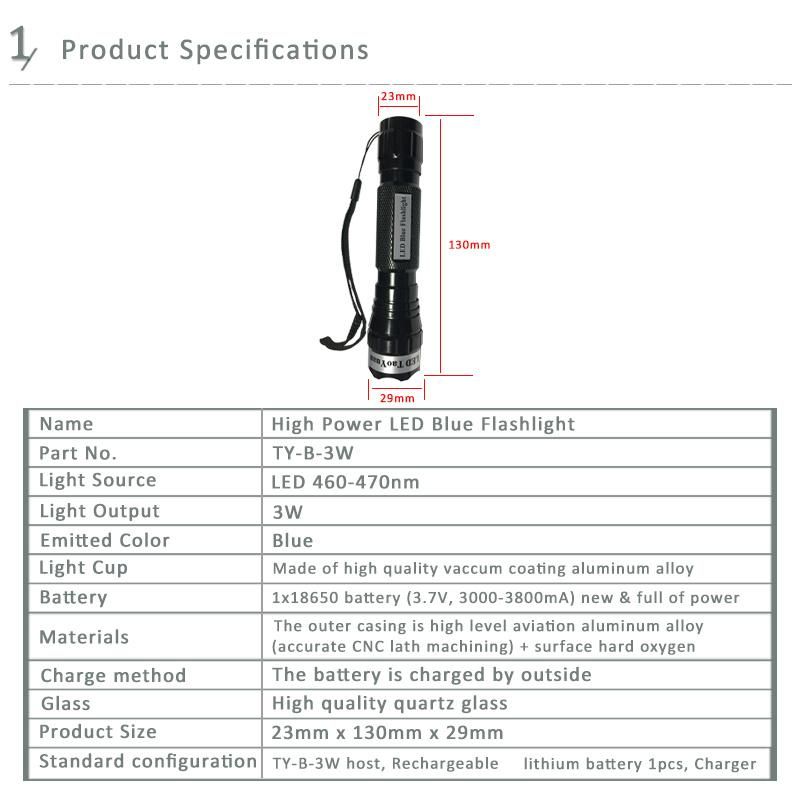 LED Flashlight Blue Light 3W