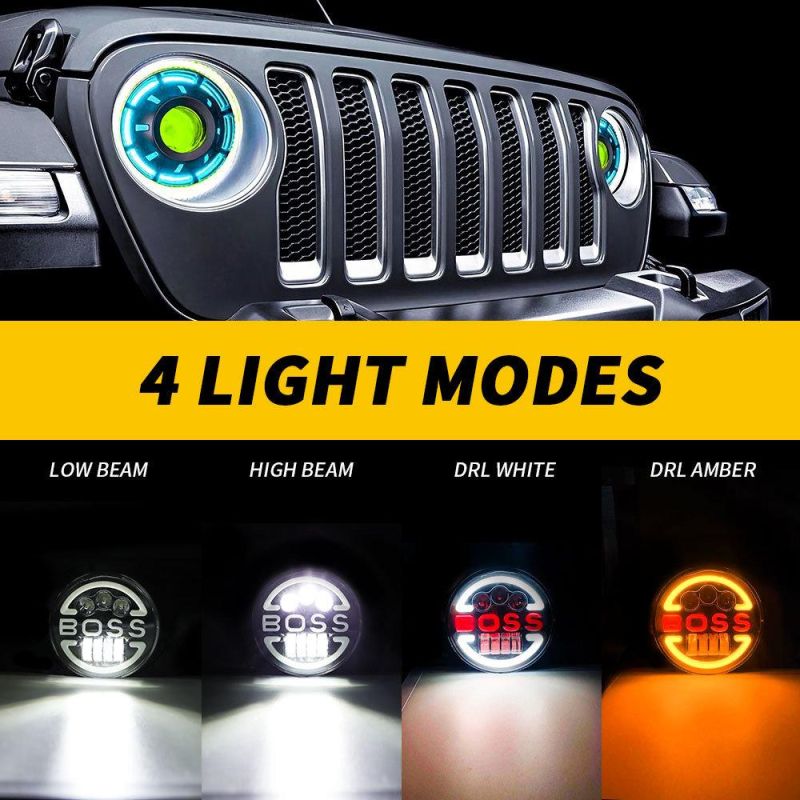 Dxz Angel Eye Daymaker Motorcycle Projector LED Headlamps RGB Round Jeep 7 Inch LED Headlight with Boss High+Low+DRL