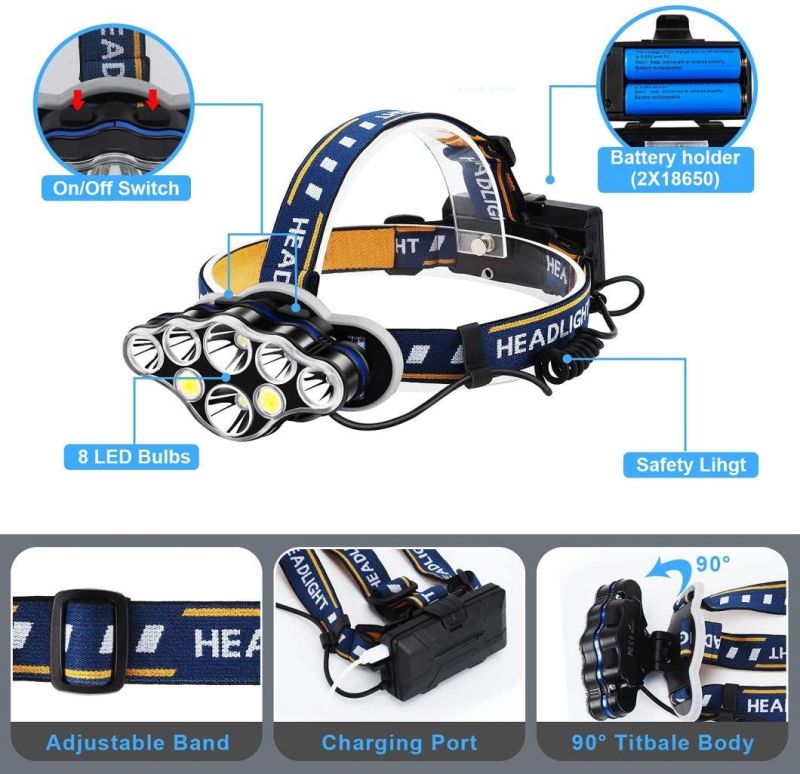 8modes 8 LED Waterproof Head Torch 18650 Headlight Headlamp for Camping Fishing Car Repair Outdoor Hiking
