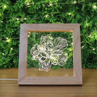 Decorative Lighting Beautiful Flower Acrylic Bedside Desk Lamp Wooden LED Photo Frame Night Light with USB Switch