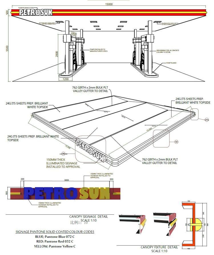 Gasoline Petrol Stations Advertising Light up Equipment Canopy Signages Steel Structure Fascia Canopy