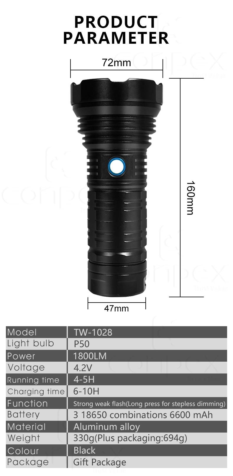 Indoor & Outdoor Emergency Lighting Tw-1028 F50 18650 Battery Power LED USB Rechargeable Flashlights