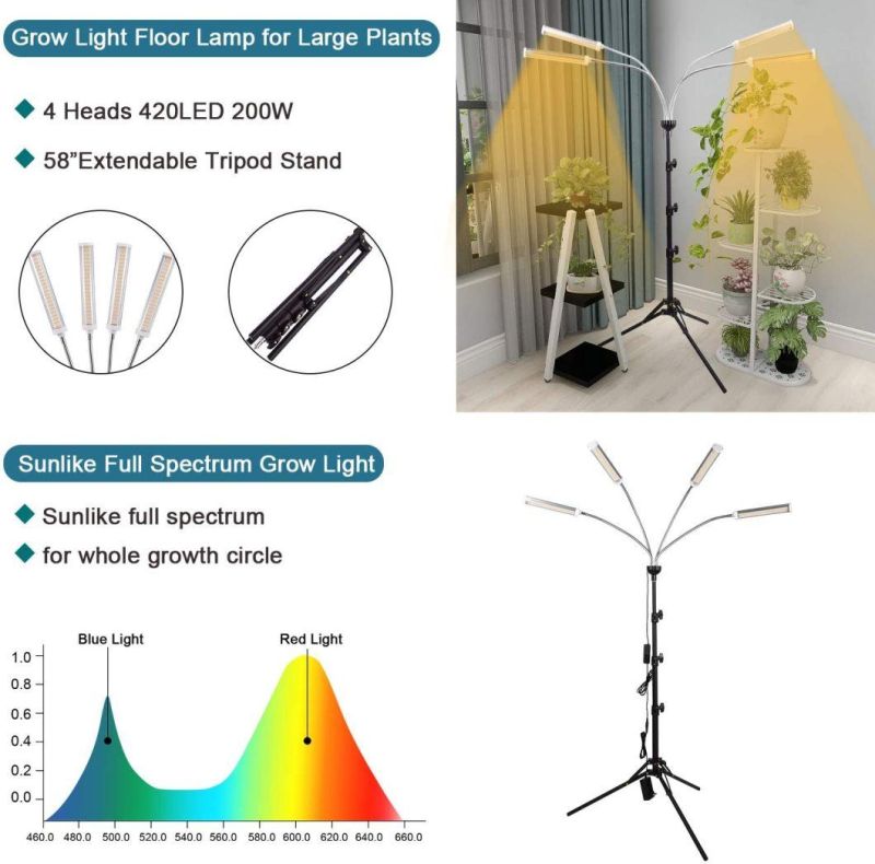 150W 4 Tube Full Spectrum with 60" Extendable Tripod Stand,420 LEDs 200W Auto on/off Timing Function Four-Heads Floor Plant Grow Light for Indoor Various Plants