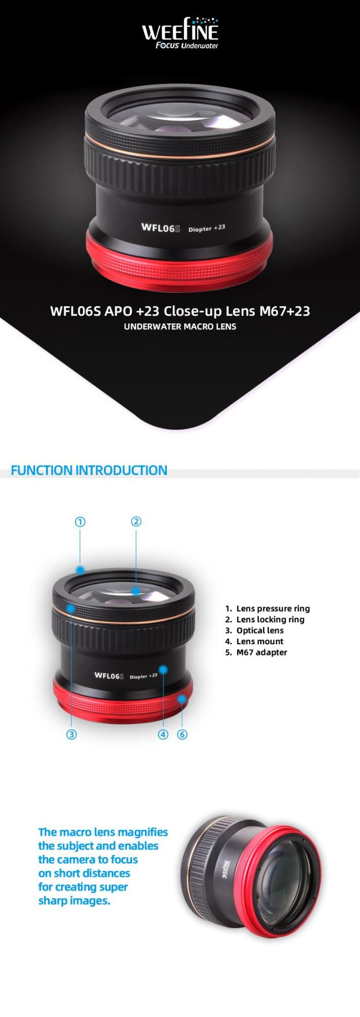 Camera Lens in Water +23 Dioptres Focus on Short Distances for Creating Super Sharp Images