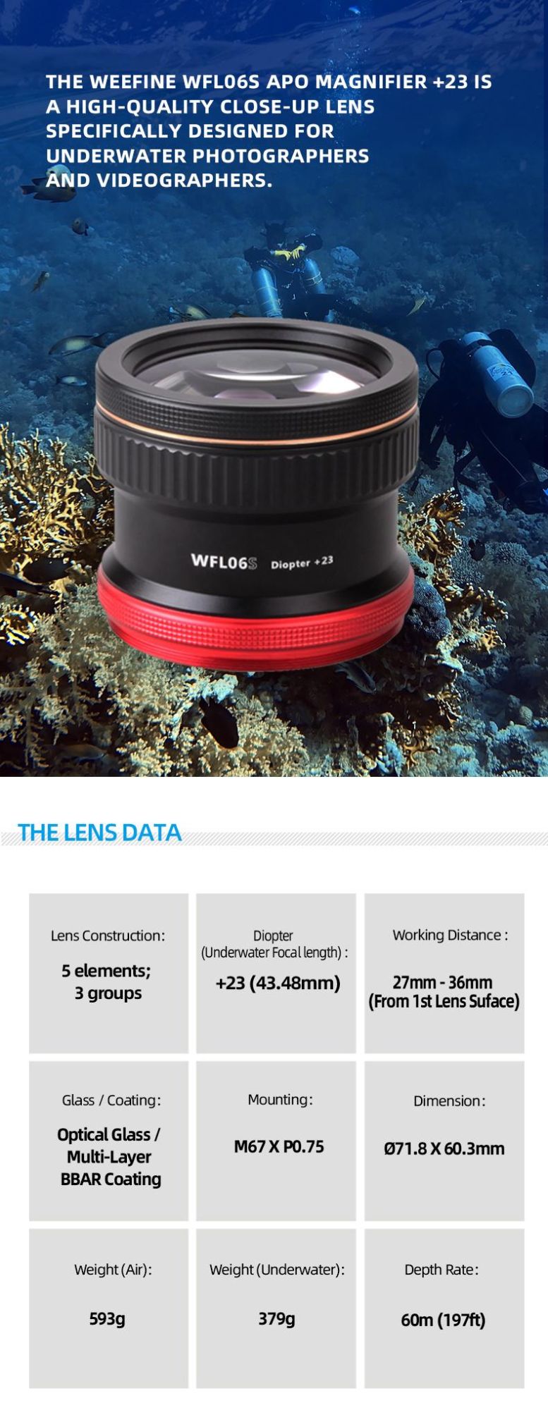 Working Distance 27mm – 36mm Very Close-up Underwater Camera Lens for Videographers