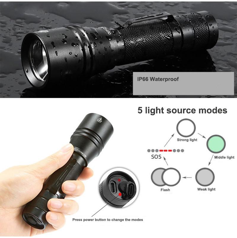 Super Bright Outdoor Torch LED Flashlight for Camping Emergency Aluminum 18650 Xml T6 LED Flashlight USB Rechargeable Zoom Flashlight