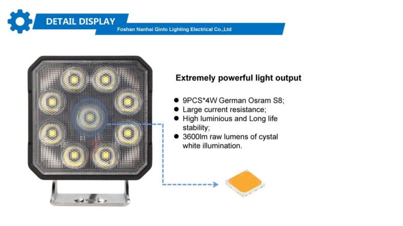 Waterproof IP68 36W 4inch Square Flood/Spot Osram LED Working Light for Agriculture Tractor Trailer Marine