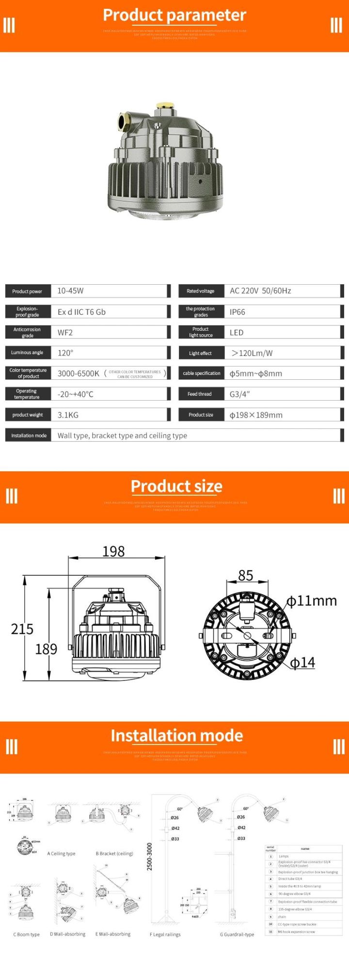 Atex Zone1 Zone2 Ex-Proof Light with 120lm/W Efficiency