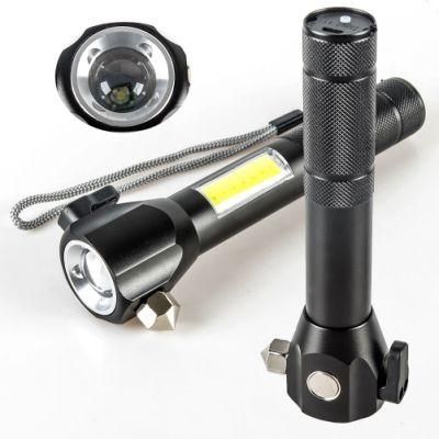 Yichen Rechargeable Zoomable LED Safety Car Emergency Flashlight with Red Warning Light Belt Cutter and Window Breaker