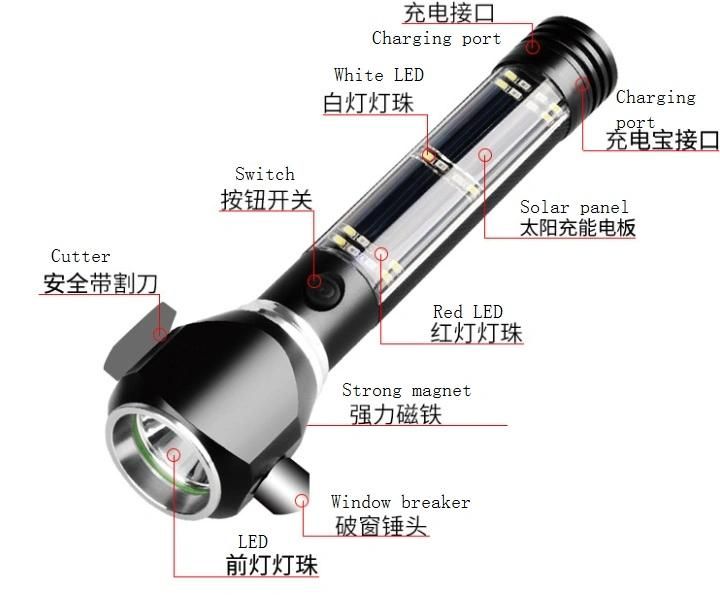 Solar Flashlights USB Torch Multi-Functional LED Flashlight