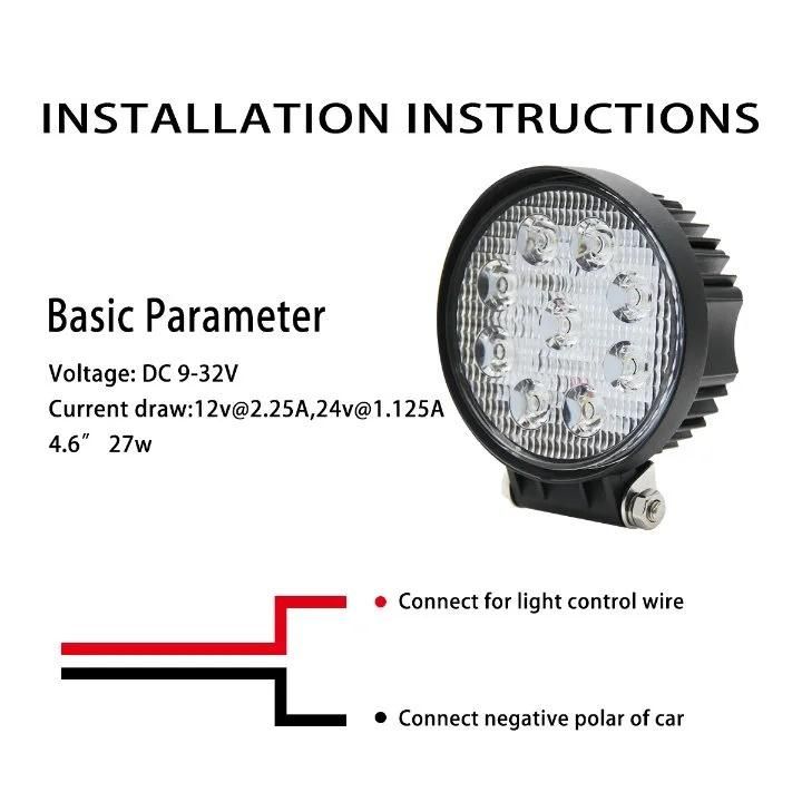 Round 27W LED Work Light Offroad Spot Flood Light Working Headlamps for Automotive Agricultural Machinery