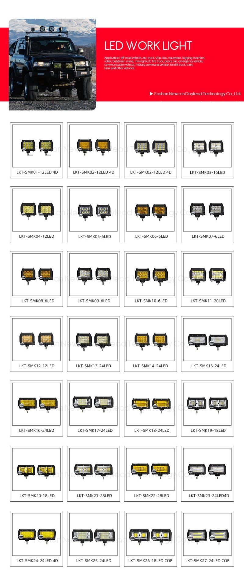 LED Work Light Bar 12V 24V for Car Yellow Fog Lamp 4X4 Motorcycle Tractors Driving Lights White Square Spotlight