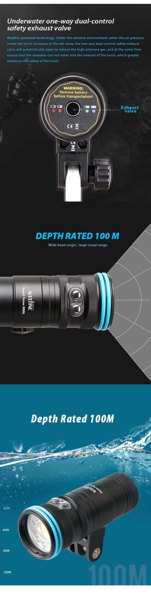 3000 Lumens Scuba Night Dive Torch with 100 Degree Beam Angle, IP68 Waterproof Submersible Flashlight for 100 Meters Underwater Photography