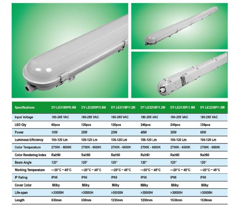 LED Tri Proof Light Fittings 1.5m Outdoor Light LED Lighting Fixtures 50W PC Materials 130lm/W