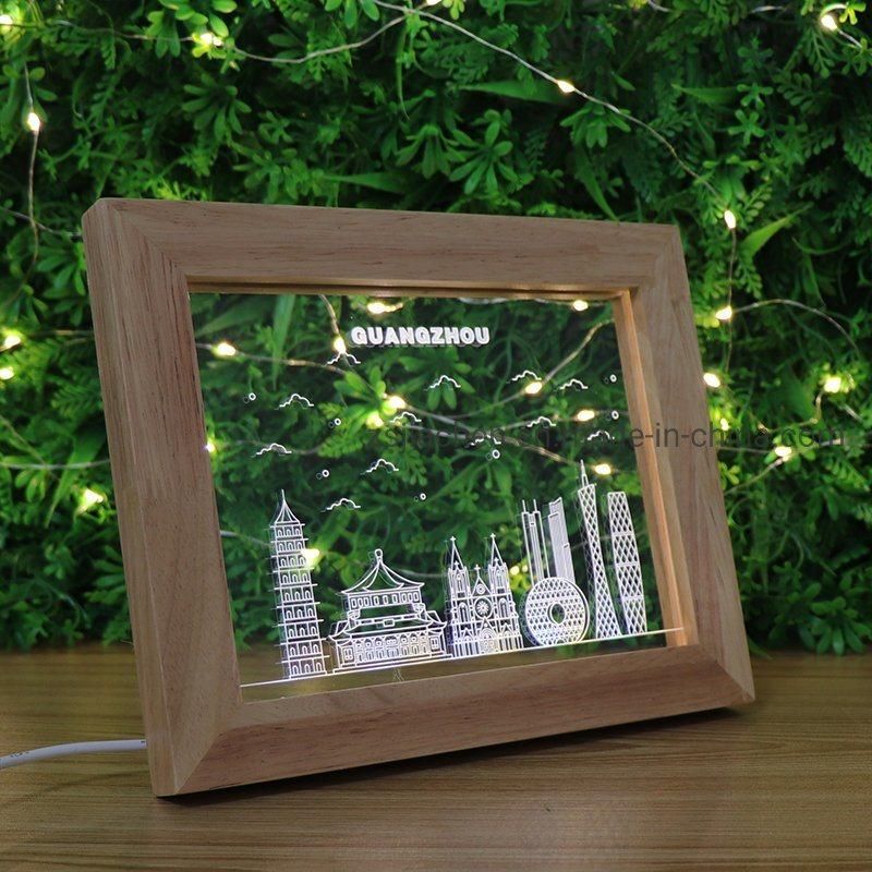 Hot Style Oak Wooden LED Photo Frame USB Charge 3D Acrylic Desk Table Lamp for Home Decoration