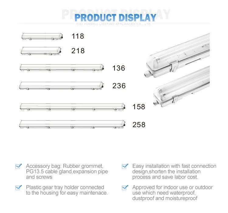 China Manufacture LED Tube Lighting 18W 36W 58W Fluorescent Tri-Proof Light (YH11)