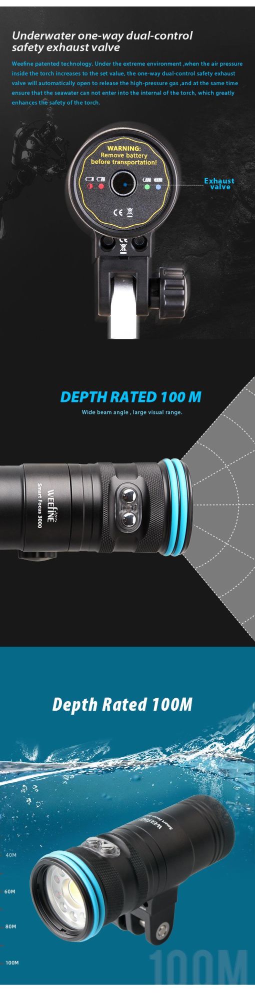 Wide Beam Angle Underwater 100 Meters Diving Photography Light with Safety Lock Function and Battery Power Indicator