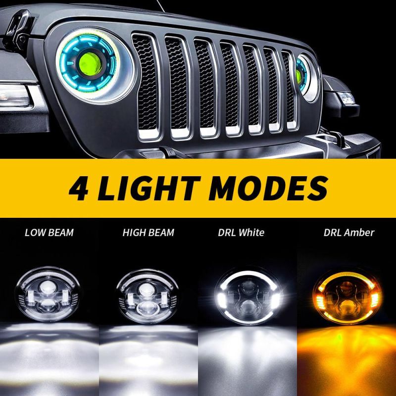 Dxz Light Guide 7 Inch 4LED Headlight H4 H13 DRL for Jeep Wrangler Offroad 45W LED Work Light Auto Parts