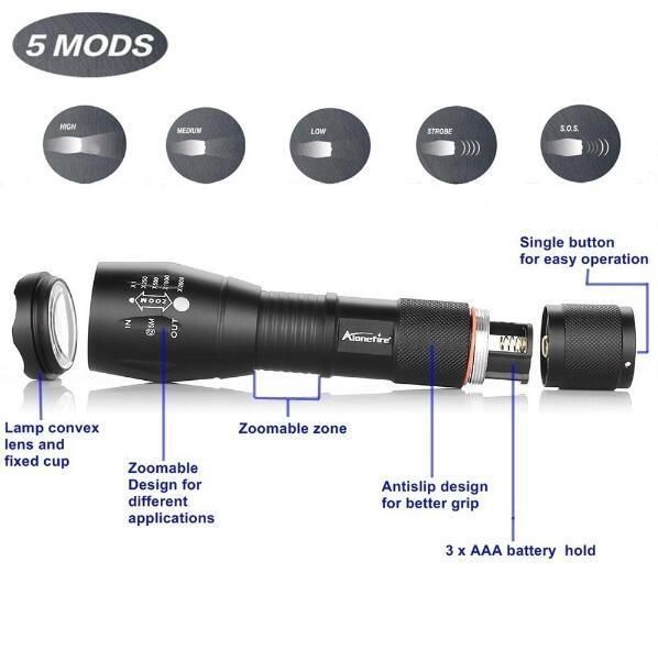 USA EU Hot CREE Xml T6 LED 1000lm Aluminum Waterproof Zoomable Torch 18650 Rechargeable Tactical 5 Model Zoom Flashlight