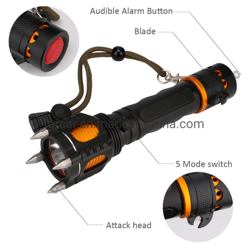 Wholesale Powerful T6 Tactical Torch Lamp with Self Defense Belt Cutter Camping Emergency Torch Light Portable Rechargeable Aluminum LED Flashlight