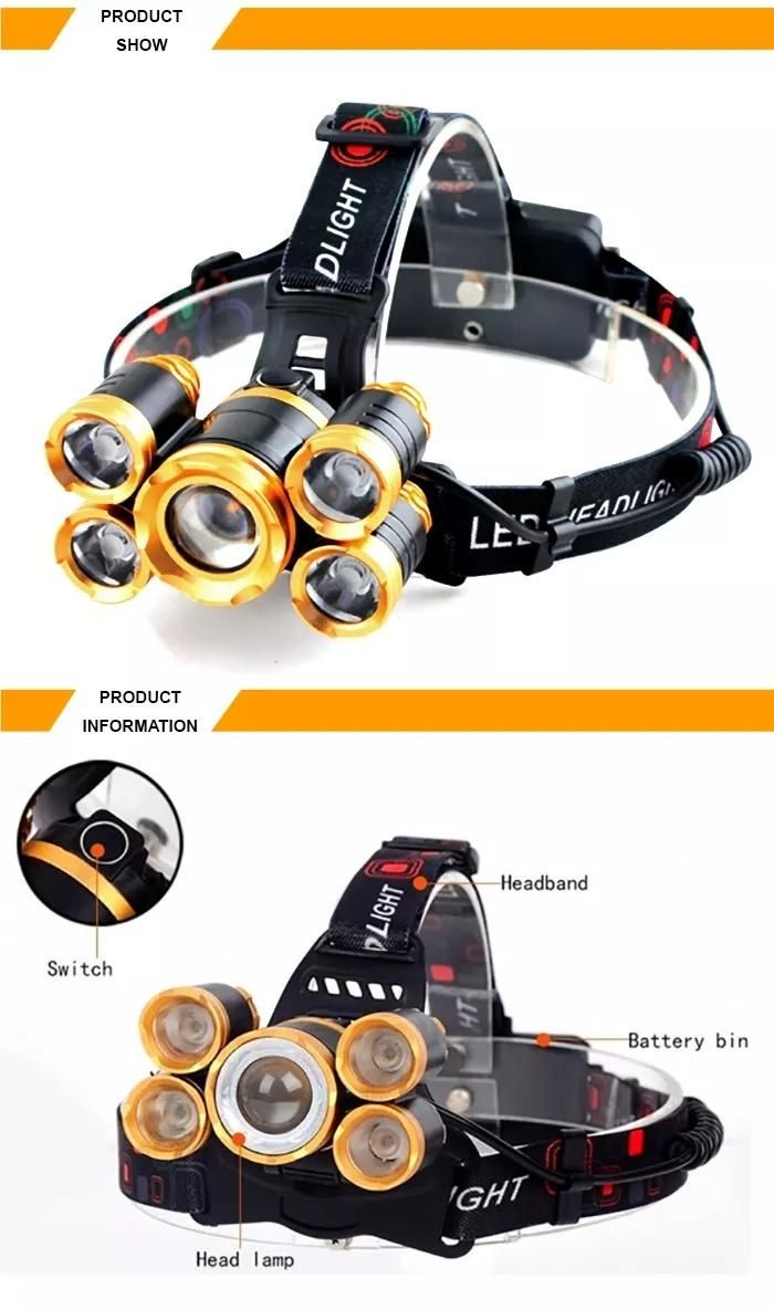 Powerful 5LED T6 USB Rechargeable LED Flashlight Headlight