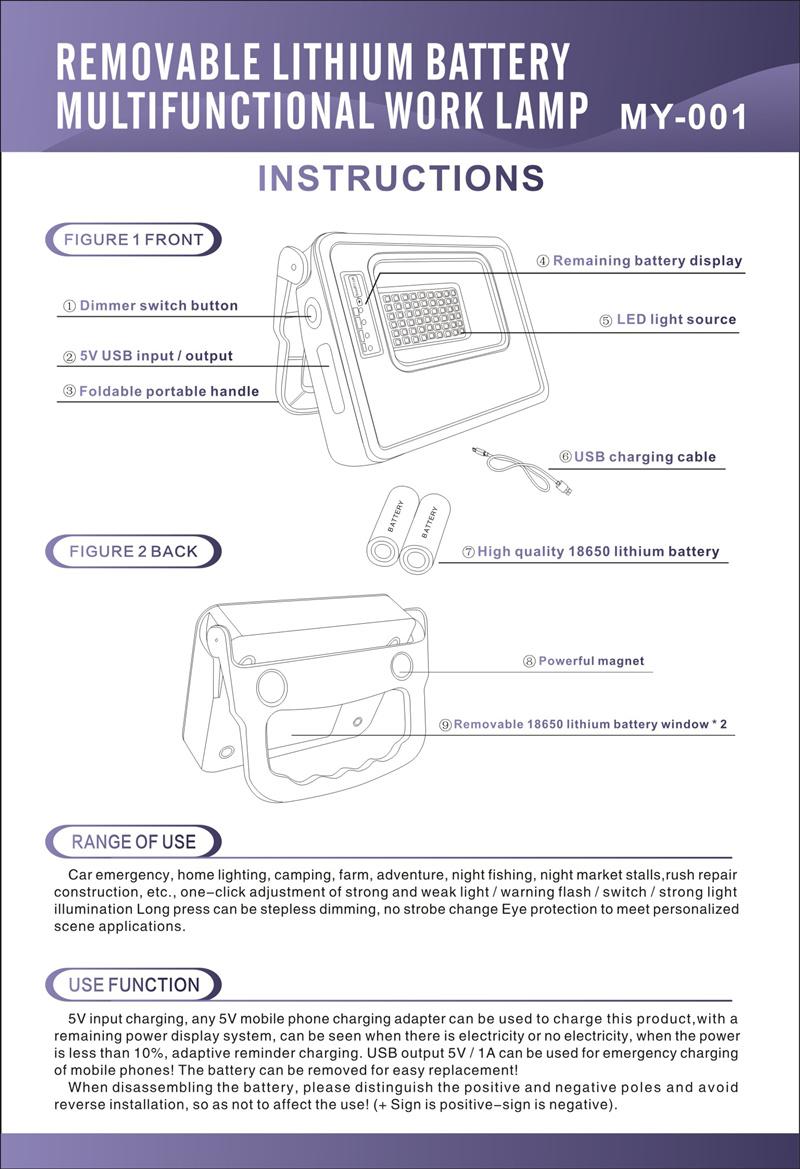 50W Solar Removable 18650 Lithium Battery Multifunctional Portable Work Lamp