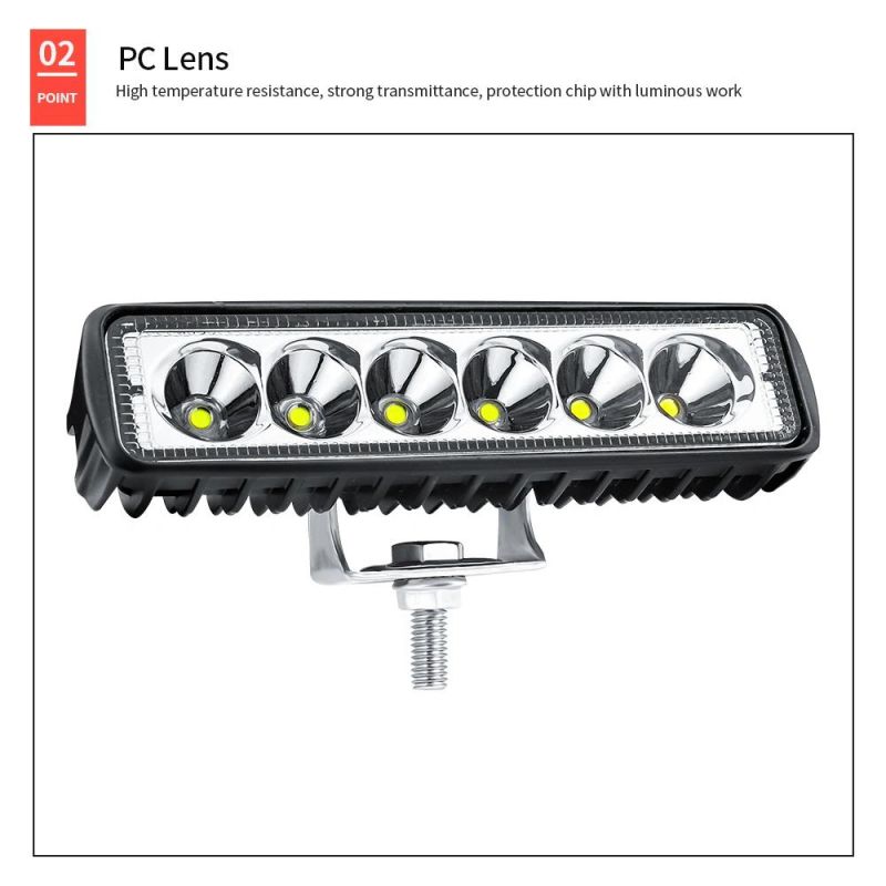 Dxz Lightbar 6inch 18W Auto LED Work Light Pods Single Row Spotlight Driving Light Foglight Boat Light ATV Car Truck off Road