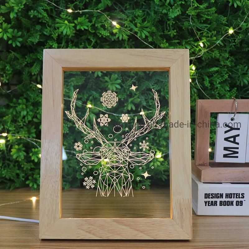Wholesale Decoration Indoor Lighting Deer Acrylic Bedside Table Lamp with Wooden Photo Frame
