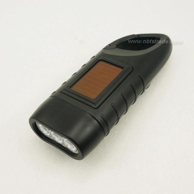 Dynamo Hand Crank and Solar Power LED Flashlight with Carabiner Clasp