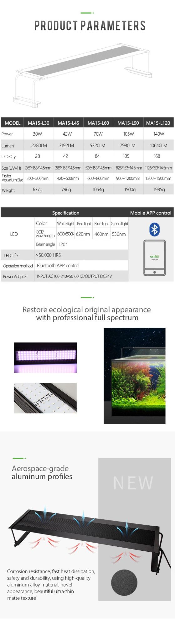 Weefine New Design LED Aquarium Light for Fish Tank with Bluetooth APP Control (MA15)